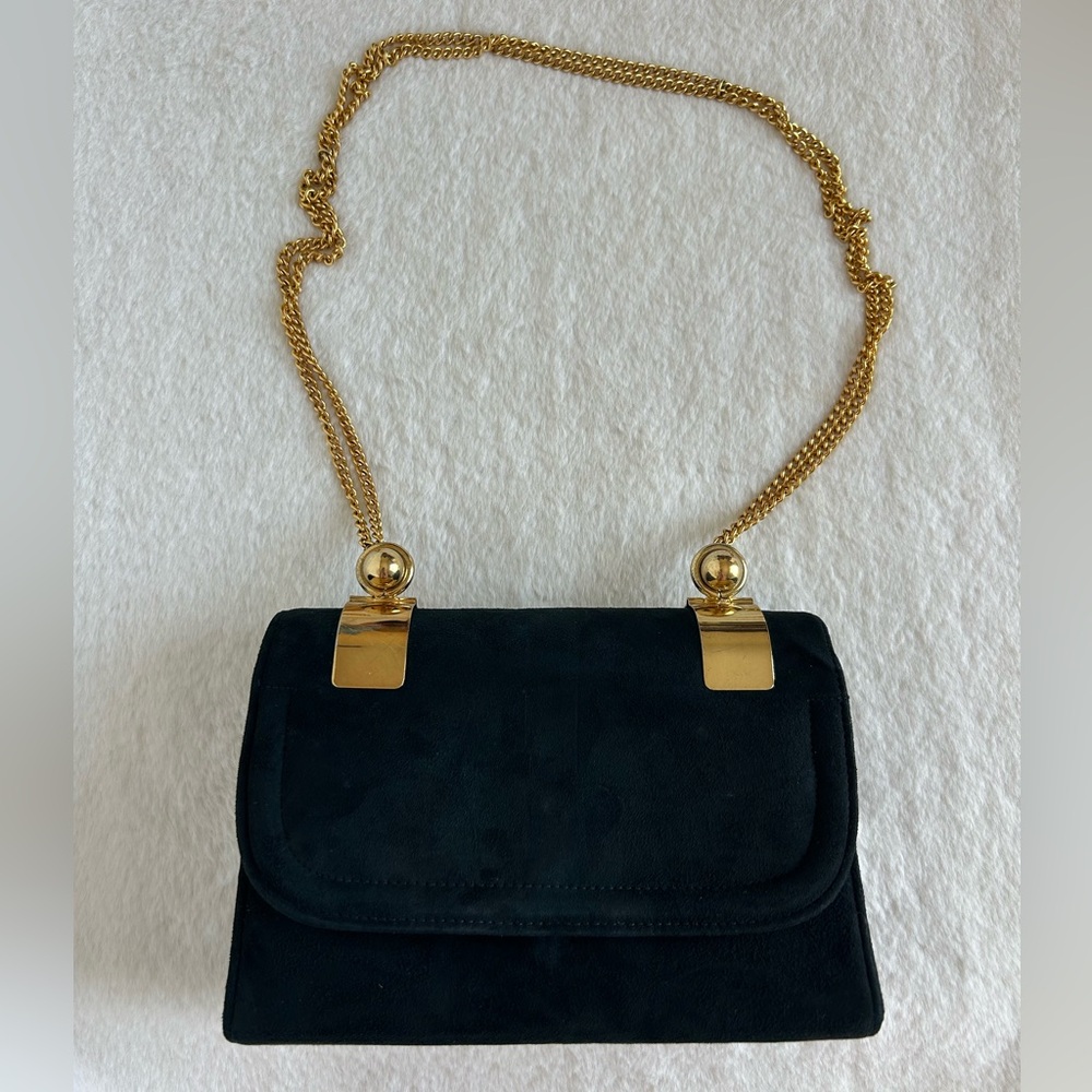 Vintage 1960 Meyers Made in USA Black Suede Gold Chain Strap Shoulder Bag Purse - Picture 1 of 12
